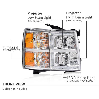 G-PLUS LED Dual Projector Headlights Assembly,Fit Chevy Silverado 1500 2007-2013/Fit 2007-2014 Silverado 2500 3500 & HD, Headlamps w/Bulbs,Clear Lens Chrome Housing Amber Reflector faros delanteros