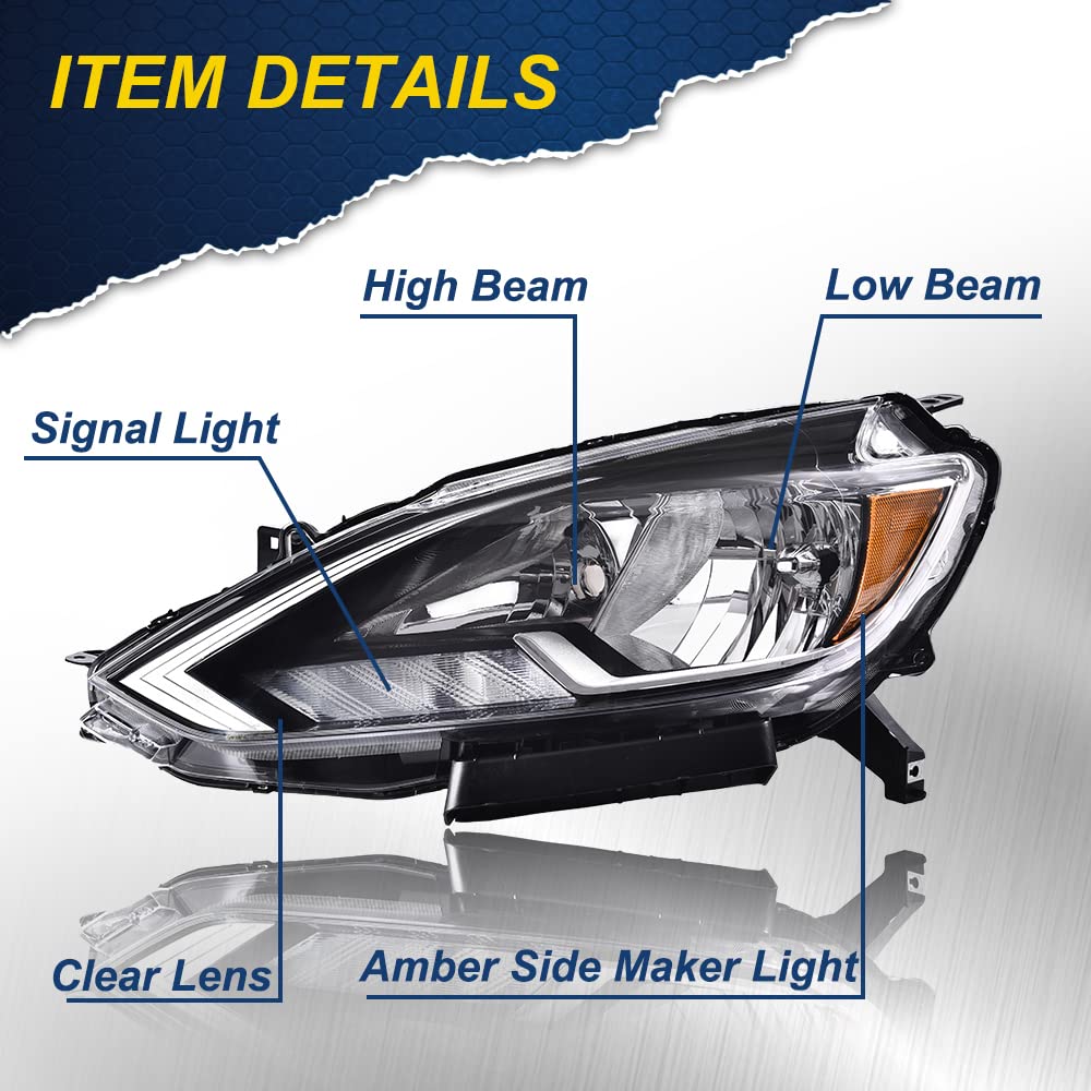 G-PLUS Headlights Assembly Compatible with 2016-2018 Nissan Sentra 4-Door Sedan S SL SR SV, (ONLY For Factory Halogen Models Headlights),Headlamps Black Housing,Driver Left,faros delanteros