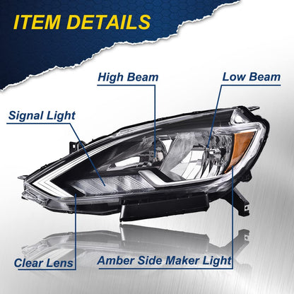 G-PLUS Headlights Assembly Compatible with 2016-2018 Nissan Sentra 4-Door Sedan S SL SR SV, (ONLY For Factory Halogen Models Headlights),Headlamps Black Housing,Driver Left,faros delanteros