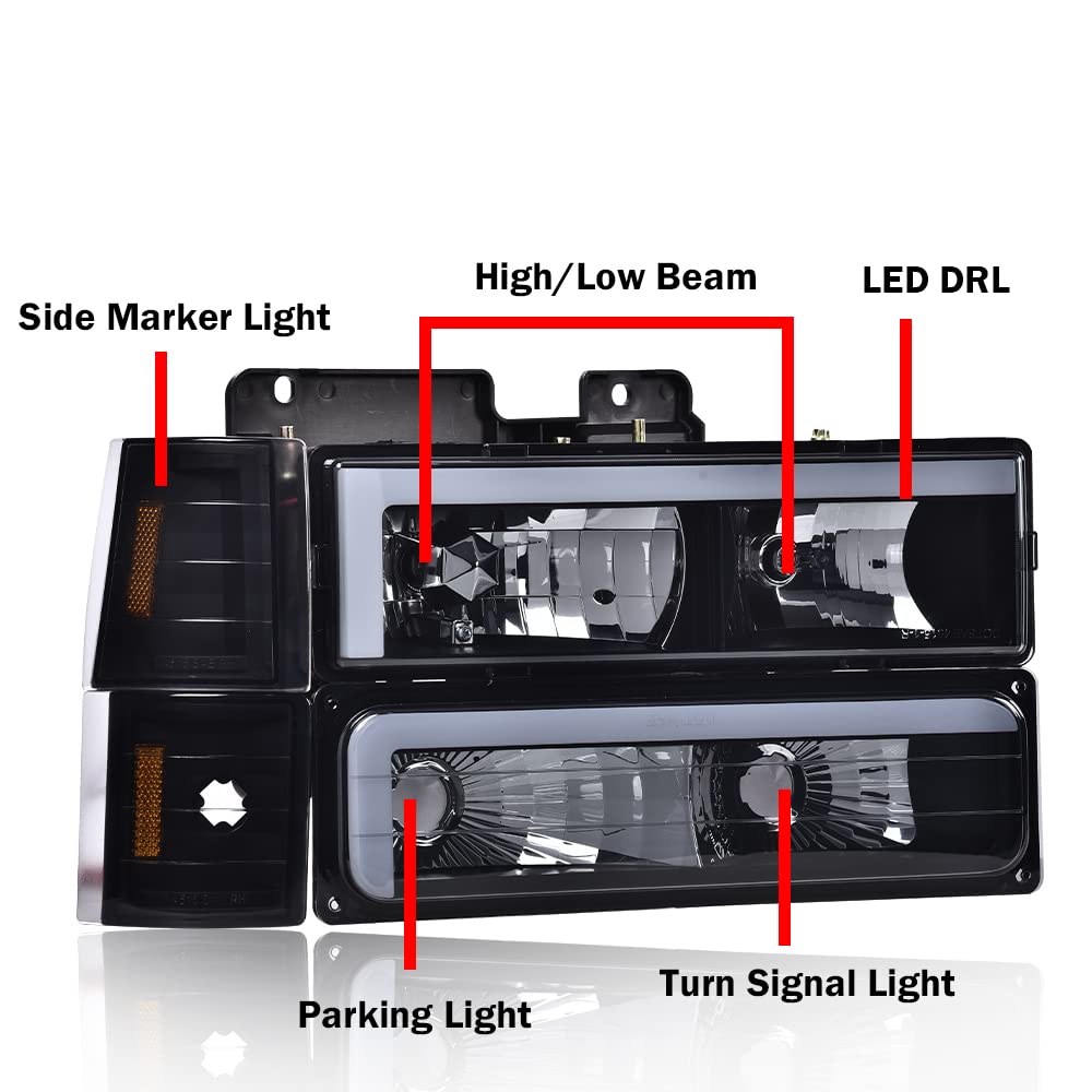 G-PLUS LED DRL headlights, Compatible with 1994 1995 1996 1997 1998 1999 2000 GMC C10 C/K C1500 bumper Headlamp, Smoky lens Black Housing Amber Reflector