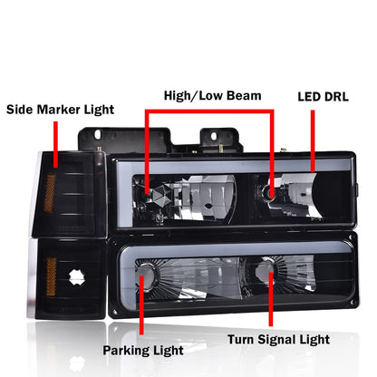 G-PLUS LED DRL headlights, Compatible with 1994 1995 1996 1997 1998 1999 2000 GMC C10 C/K C1500 bumper Headlamp, Smoky lens Black Housing Amber Reflector