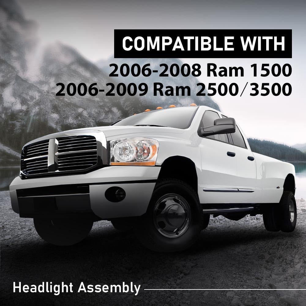 G-PLUS Headlights Assembly w/Bulbs Light Bar Left and Right Side Compatible with Dodge Ram 1500 2006-2008/Fit Dodge Ram 2500 3500 2006-2009 Clear Lens Chrome Housing Amber Reflector Faro