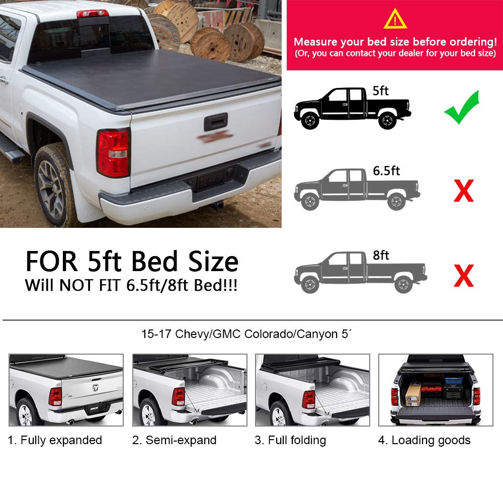 G-PLUS T3 Lock Tri-Fold 5Ft Truck Tonneau Cover Replacement for 2015-2021Chevy Colorado/GMC Canyon,Extra Short Bed 5' Black