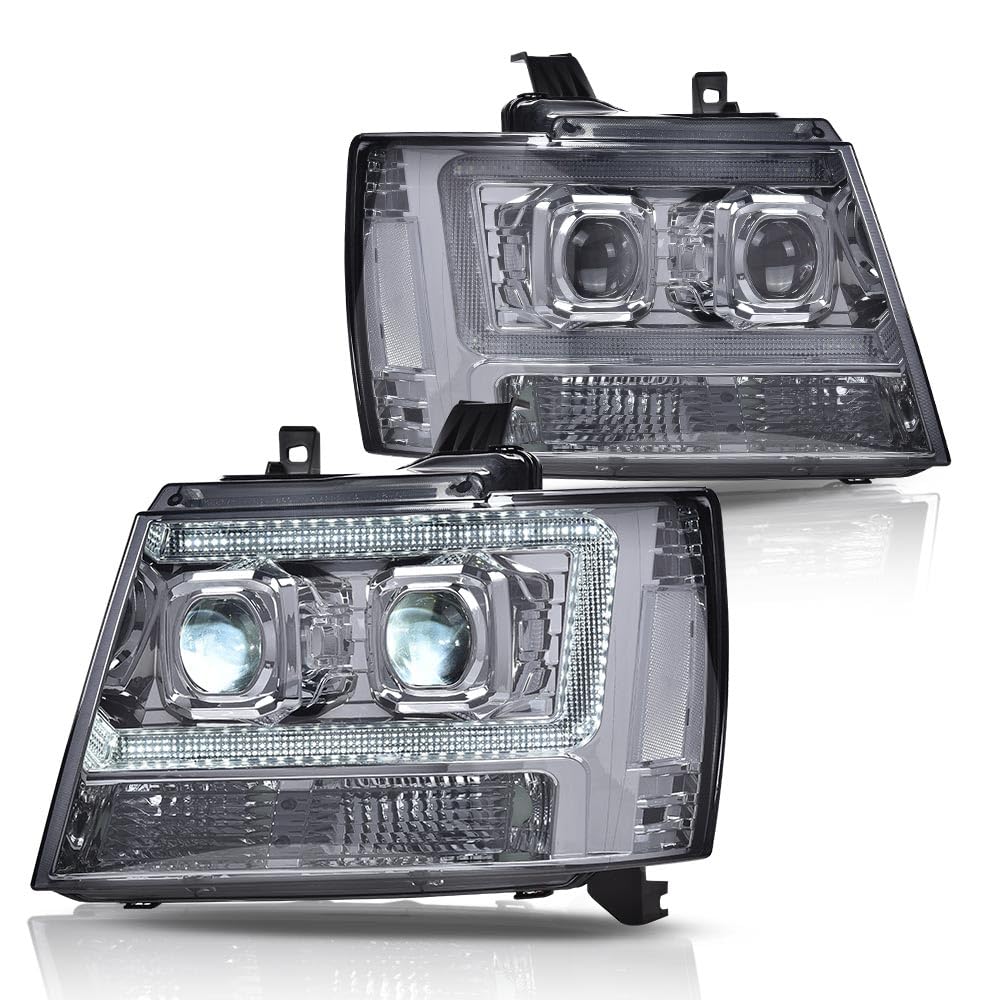 G-PLUS LED Headlights Assembly Fit Chevy Tahoe Avalanche Subarban 1500 2500 2007-2014 DRL Corner Turn Signal Headlamps Set Pair Left & Right Smoky Lens Chrome Housing Clear Reflector,faros delanteros