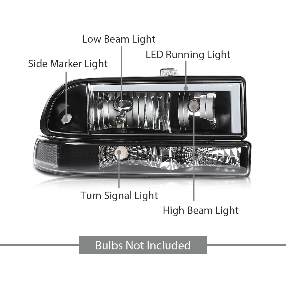 G-PLUS LED Headlights Assembly Front Headlamps Left Right Fit Chevy Blazer 1998-2005, Fit Chevy S10 Pickup 1998-2004 with Bumper Lights Clear Lens Black Housing Clear Reflector,faros delanteros