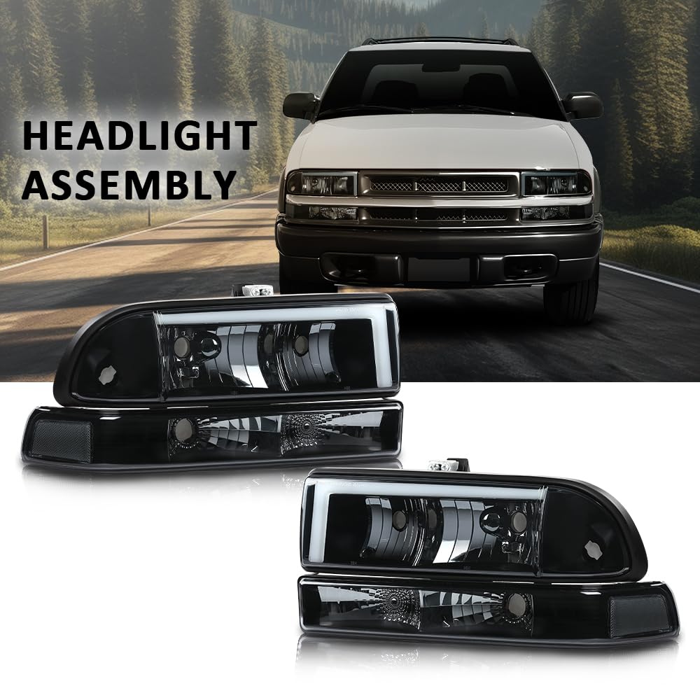 G-PLUS LED Headlights Assembly Front Headlamps Left Right Fit Chevy Blazer 1998-2005, Fit Chevy S10 Pickup 1998-2004 with Bumper Lights Smoke Lens Black Housing Clear Reflector,faros delanteros