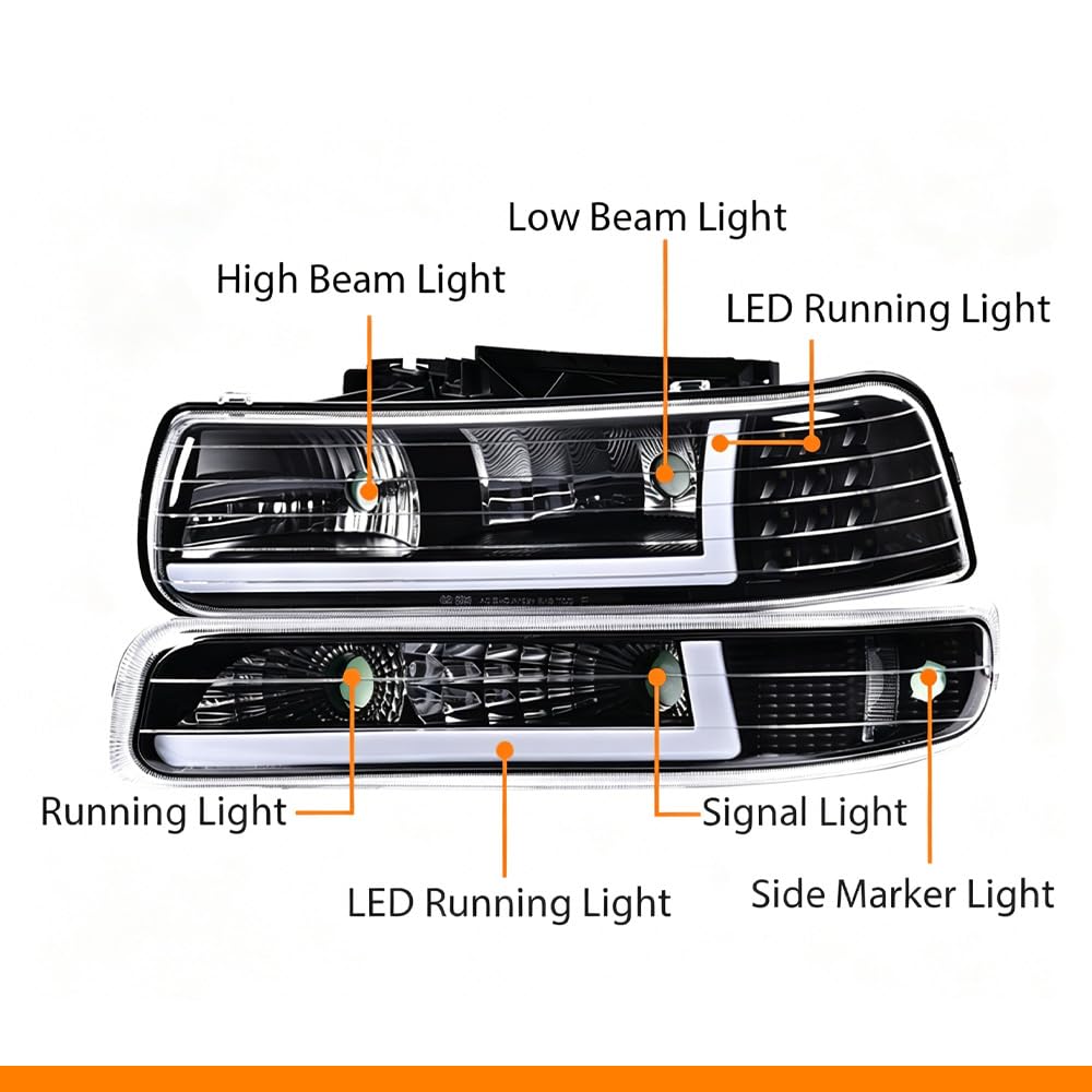 G-PLUS LED Headlights Assembly,Fit Chevy Silverado 1999-2002,Fit Chevy Tahoe/Suburban 1500 2500 2000-2006,Left & Right Bumper Headlamps,Clear lens Black Housing Clear Reflector