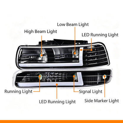 G-PLUS LED Headlights Assembly,Fit Chevy Silverado 1999-2002,Fit Chevy Tahoe/Suburban 1500 2500 2000-2006,Left & Right Bumper Headlamps,Clear lens Black Housing Clear Reflector
