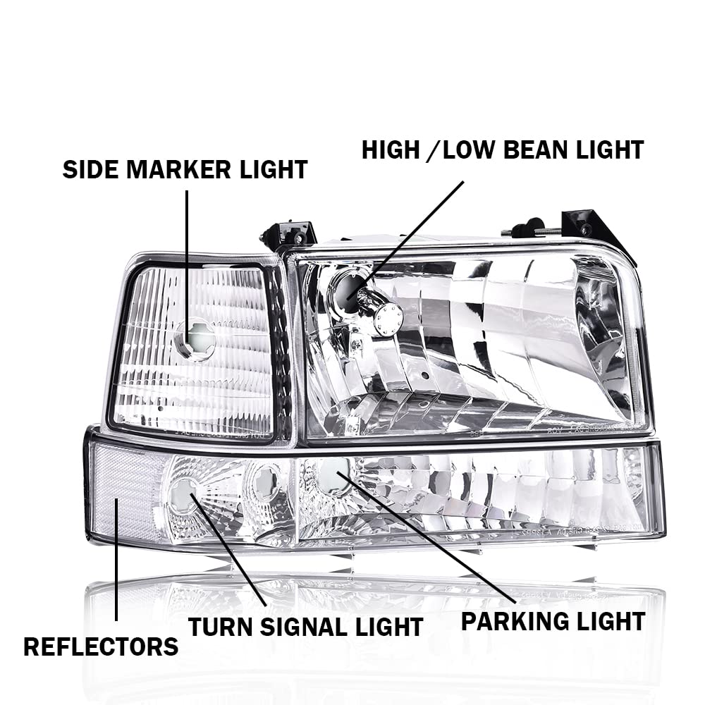 G-PLUS Headlights Fit 1992-1996 Bronco/1992-1996 Ford F150 F250 F350 Super Duty,97 9th Old Body Style Headlamps w/Corner Signal Clear Lens Chrome Housing Clear Reflector,faros delanteros