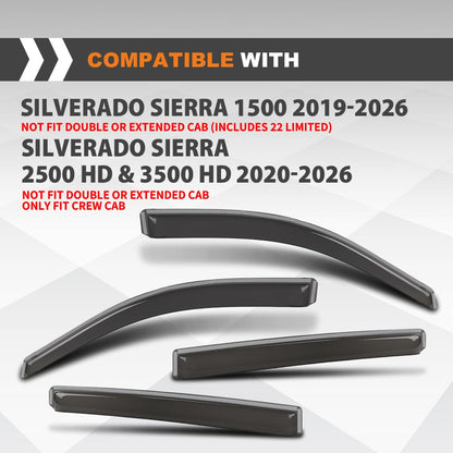 G-PLUS in-Channel Side Window Vent Visor Deflectors Rain Guards Compatible with Chevy Silverado GMC Sierra 1500 2019-2026 4 PCS Smoky