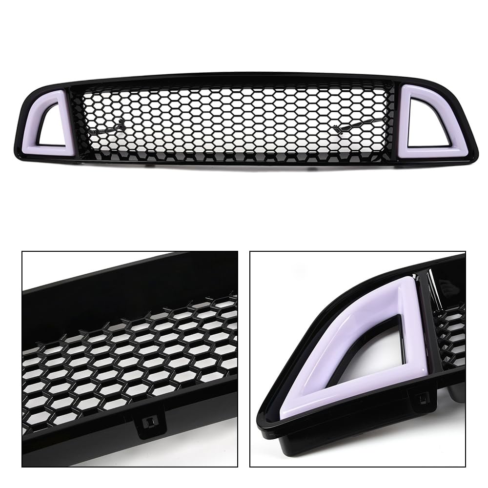 G-PLUS Honeycomb Mesh Front Bumper Upper Grill Compaitble with Ford Mustang 2013-2014 (Except Shelby) Upper Hood Grille With DRL LED Yellow Turn Signal Clear Lens ABS