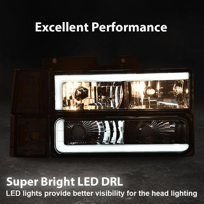 G-PLUS LED Headlights Assembly w/Bulbs Fit GMC C1500 K1500 Yukon 1994-1999, Fit GMC C2500 C3500 K2500 K3500 1994-2000, Left & Right Headlamps Assembly, Smoky Lens Chrome Housing Amber Reflector