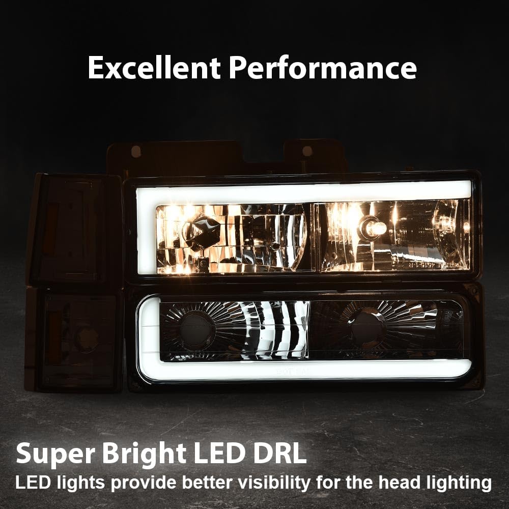 G-PLUS LED Corner Headlights w/Bulbs Fit GMC C/K1500 C/K2500 Yukon Suburban 1994-1999,Fit GMC C/K2500 C/K3500 1994-2000 Smoke Lens Chrome Housing Amber Reflector Bumper Headlamps,faros Assembly