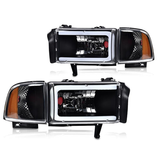 G-PLUS LED Light Strip Headlights w/o Bulbs, Compatible with Dodge Ram 1500 1994-2001/Fit Ram 2500 3500 1994-2002 (Not Fit for Sport Model & Ram Van Models) Clear lens Black Housing Amber Reflector