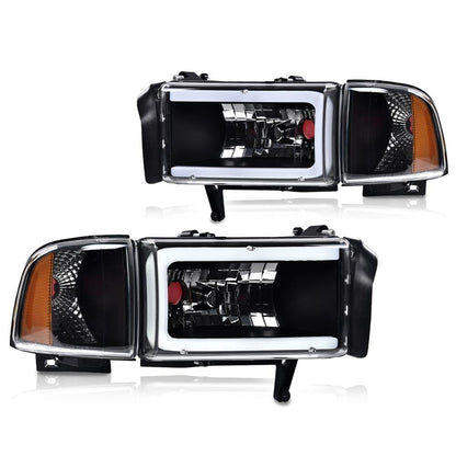 G-PLUS LED Light Strip Headlights w/o Bulbs Fit Dodge Ram 1500 1994-2001/Dodge Ram 2500 3500 1994-2002 Clear Lens Black Housing Amber Reflector Bumper Headlamps,faros delanteros Assembly