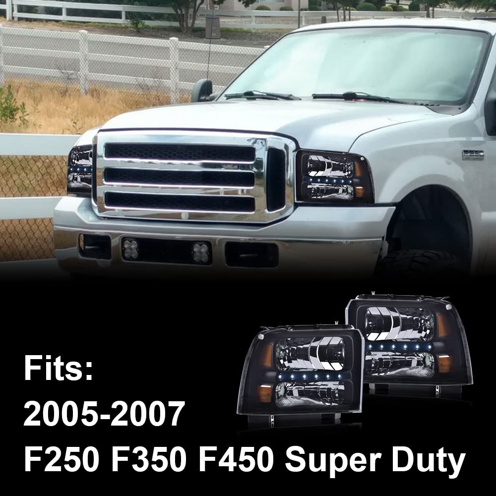 G-PLUS LED Smoked LED DRL headlights, Compatible with 2005 2006 2007 Ford F250 F350 F450 F550 Super Duty Bumper Headlamps, Smoky Lens Black Housing Amber Reflector,faros delanteros