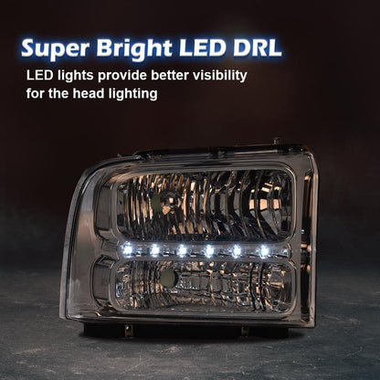 G-PLUS Smoked LED DRL headlights, Compatible with 2005 2006 2007 Ford F250 F350 F450 F550 Super Duty Bumper Headlamps, Clear Lens Chrome Housing Clear Reflector FO2503217,faros delanteros