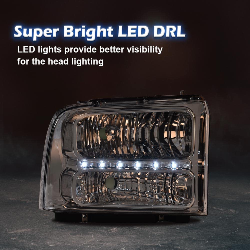 G-PLUS LED Headlights Compatible with Point Style Ford F250 F350 F450 F550 Super Duty 2005-2007 DRL BAR Headlamps Clear Lens Chrome Housing Clear Reflector,faros delanteros