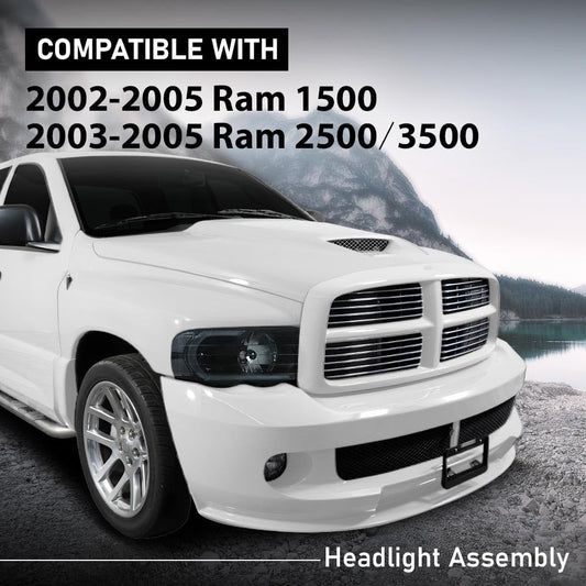 G-PLUS LED Headlights Headlamps Compatible with Dodge Ram 1500 2002-2005,Compatible with Dodge Ram 2500 3500 2003-2005 Smoke Lens Black Housing Clear Reflector,faros delanteros Assembly
