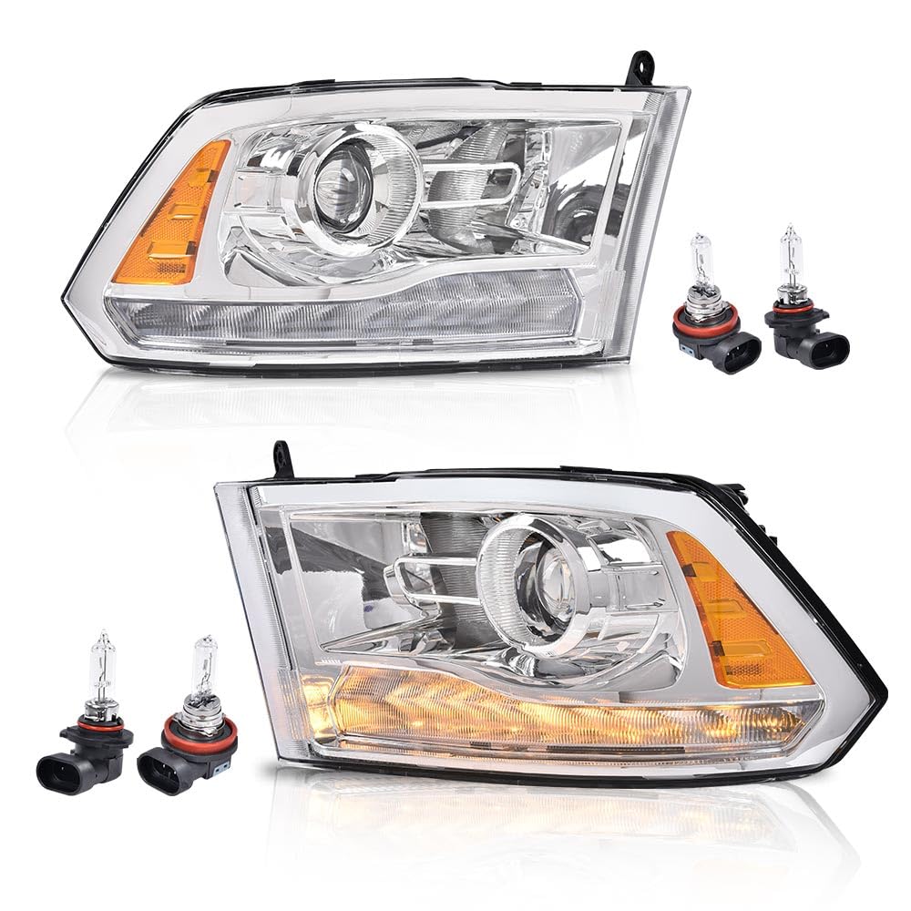 G-PLUS LED Bar Plank Style Headlights Fit for Dodge Ram 1500 2500 3500 2013-2018 Projector Headlamp,Fit Models w/Dual Beam& Quad Beam Models,Clear Lens Chrome Housing Amber Reflector