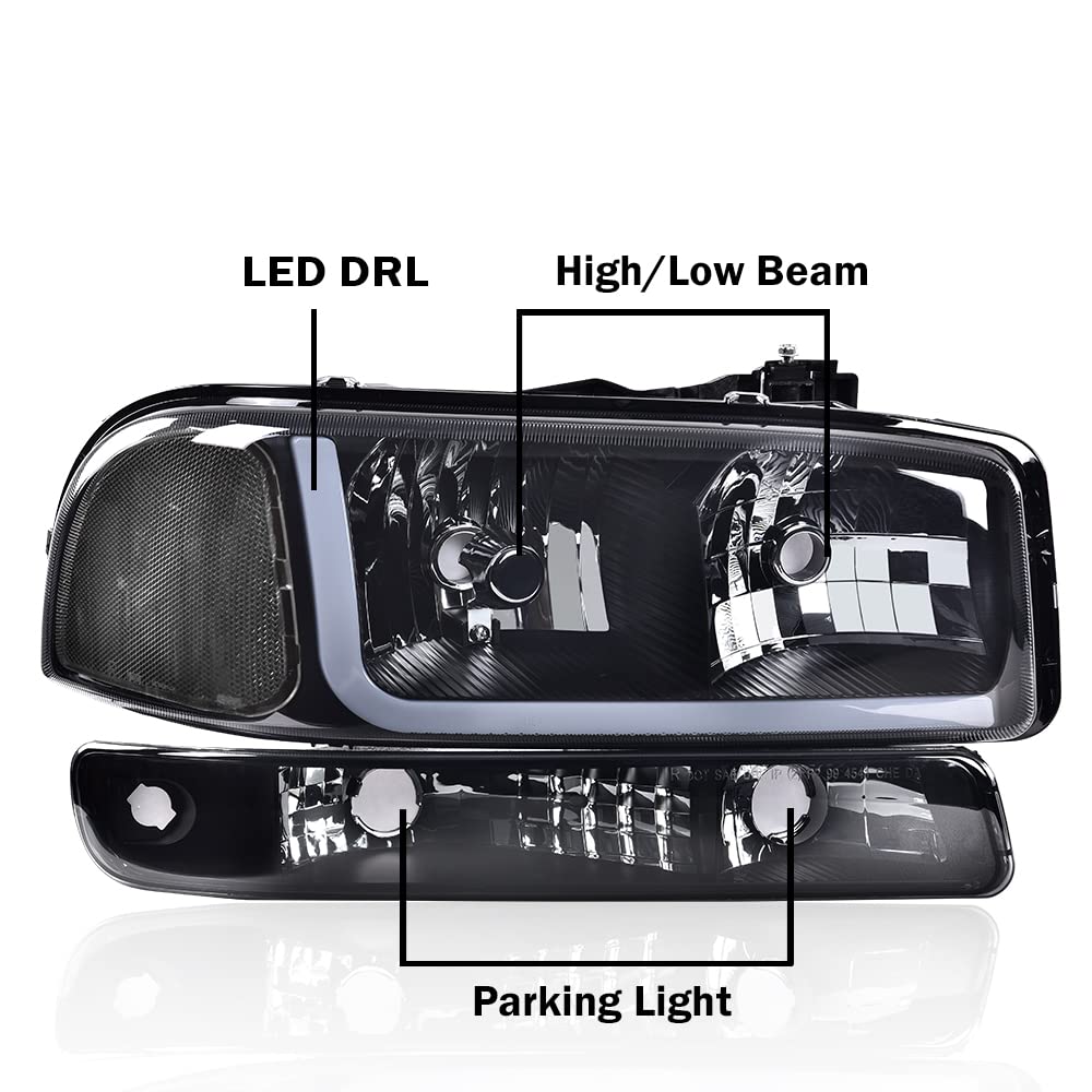 G-PLUS LED Headlights Assembly Compatible with 1999-2007 GMC Sierra 1500HD 2500HD 3500/Fit 1999-2006 GMC Yukon XL 1500 2500,DRL Headlamps Pair Smoky Lens Black Housing Clear Reflector,faros delanteros