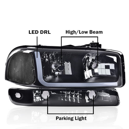 G-PLUS LED Headlights Assembly Compatible with 1999-2007 GMC Sierra 1500HD 2500HD 3500/Fit 1999-2006 GMC Yukon XL 1500 2500,DRL Headlamps Pair Smoky Lens Black Housing Clear Reflector,faros delanteros