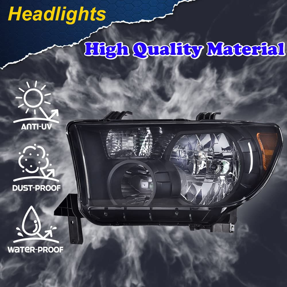 G-PLUS Headlights Assembly, Compatible with Toyota Tundra 2007-2013/2008-2017 Sequoia Bumper Headlamps, Smoky Lens Black Housing Amber Reflector,faros delanteros
