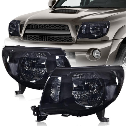 G-PLUS Headlights Assembly Compatible with Toyota Tacoma 2005-2011 Headlamps Pair Halogen Smoky Lens Black Housing Clear Reflector,faros delanteros