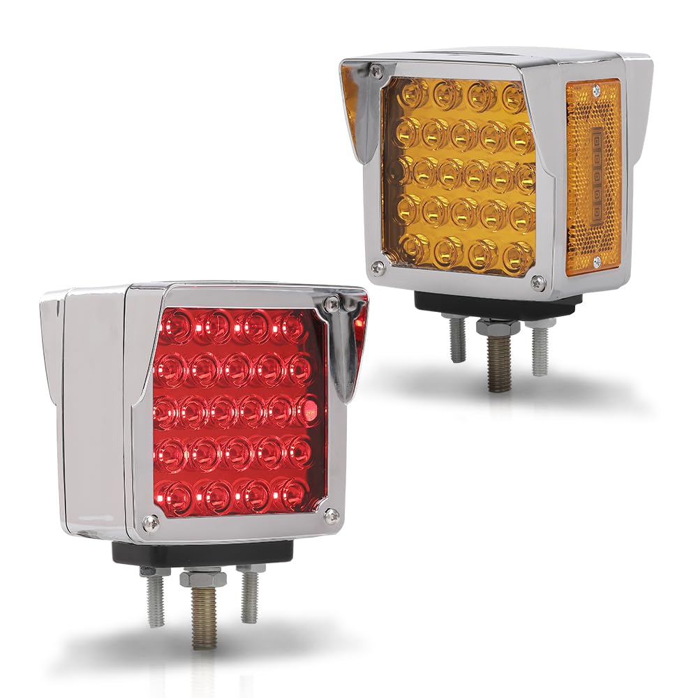 G-PLUS 57 LED Double Face Stud Mount Fender Turn Brake Tail Lights Fit Truck, UTE, Trailers, Caravans, Campers, Buses, Vans Red/Amber Square 2PCS Amber/Red Lens