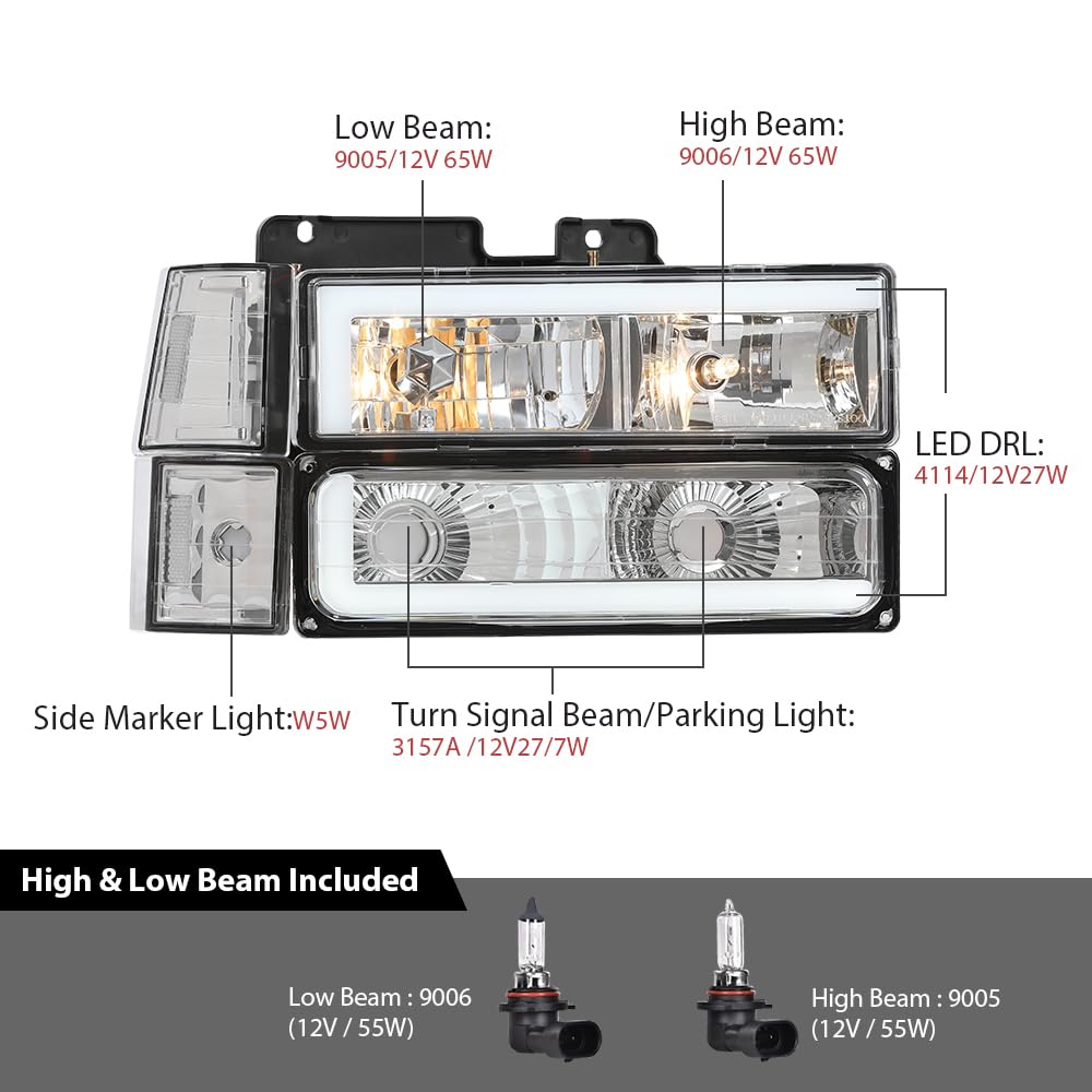 G-PLUS Corner Headlights w/Bulbs Fit GMC Yukon C/K1500 C/K2500 Suburban 1994-1999,Fit GMC C2500 C3500 K2500 K3500 1994-2000 Clear Lens Chrome Housing Clear Reflector Bumper Headlamps,faros Assembly