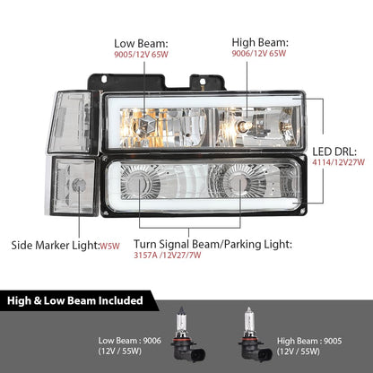 G-PLUS LED Headlights Assembly w/Bulbs Fit GMC C1500 K1500 Yukon 1994-1999, Fit GMC C2500 C3500 K2500 K3500 1994-2000, Left & Right Headlamps Assembly, Clear Lens Chrome Housing Clear Reflector