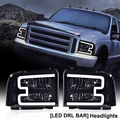 G-PLUS LED Bar Headlights Assembly Fit Ford F250 F350 F450 F550 Super Duty 2005-2007,Fit Ford Excursion 2005 Smoke Lens Black Housing DRL Headlamps w/Wiring,faros delanteros