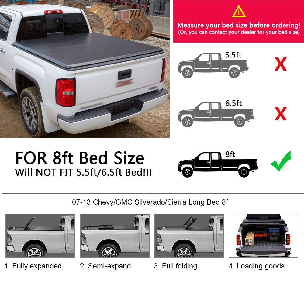 G-PLUS 8Ft Long Bed 4-Fold Lock Tonneau Cover Compatible with 2007-2013 Chevy Silverado GMC Sierra Black