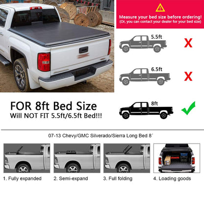 G-PLUS 8Ft Long Bed 4-Fold Lock Tonneau Cover Compatible with 2007-2013 Chevy Silverado GMC Sierra Black