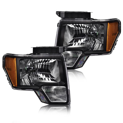 G-PLUS Headlights Assembly, Compatible with 2009 2010 2011 2012 2013 F150(NOT Fit LED Style,Only Fit without LED Style) Bumper Headlamp Clear lens Black Housing Amber Reflector