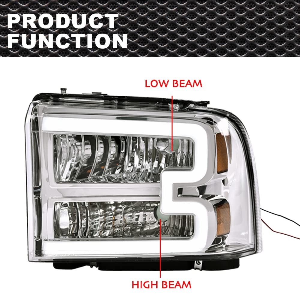 G-PLUS LED DRL Headlights, Compatible with 2005 2006 2007 Ford F250 F350 F450 F550 Super Duty Bumper Headlamps, Clear Lens Chrome Housing Amber Reflector
