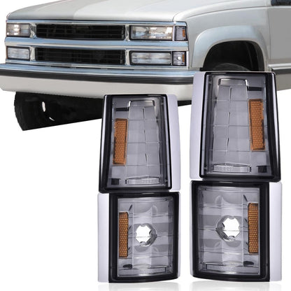 G-PLUS Corner Light Fit 1994-2000 Chevy CK/C10 1500 2500 3500 2WD,(ONLY For Composite Headlights) Signal Side Marker Lamps Smoky Lens Chrome Housing Amber Reflector Bumper Headlamps,faros Assembly