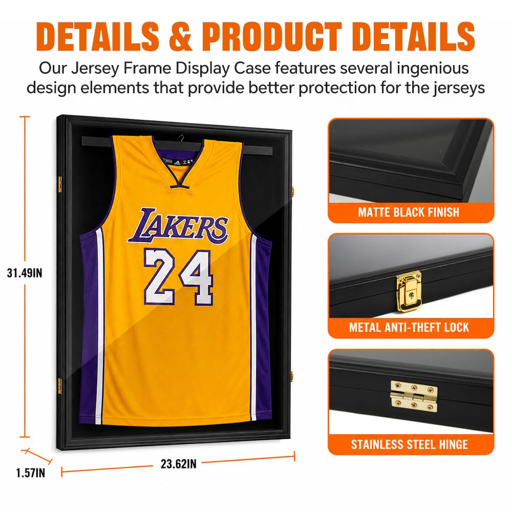 G-PLUS Wall Art Display 32" Jersey Cover Football Basketball Shirt Frame Lockable Box Rack Wall Display/Case Black