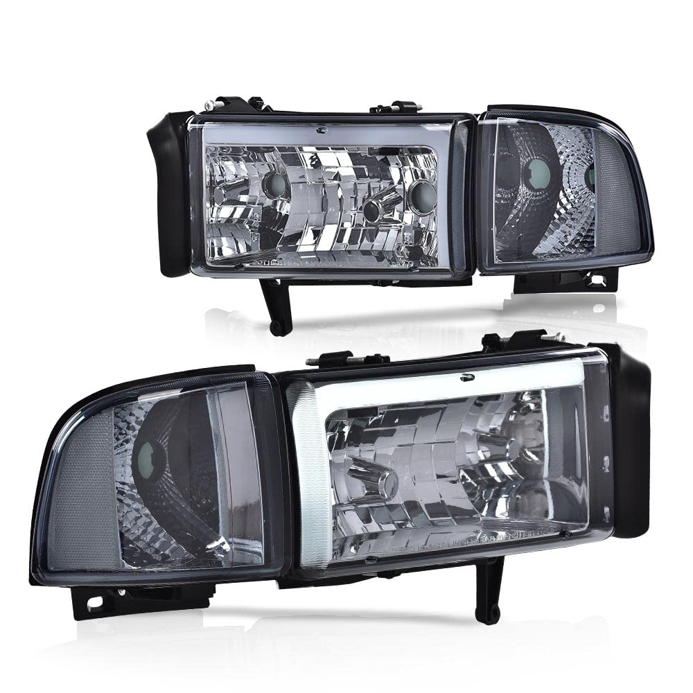 G-PLUS LED Headlights Assembly Fit Dodge Ram 1500 1994-2001/Fit Dodge Ram 2500 3500 1994-2002(Not fit Ram Sport) Headlamps w/o Bulbs Smoky Lens Chrome Housing Clear Reflector,faros delanteros