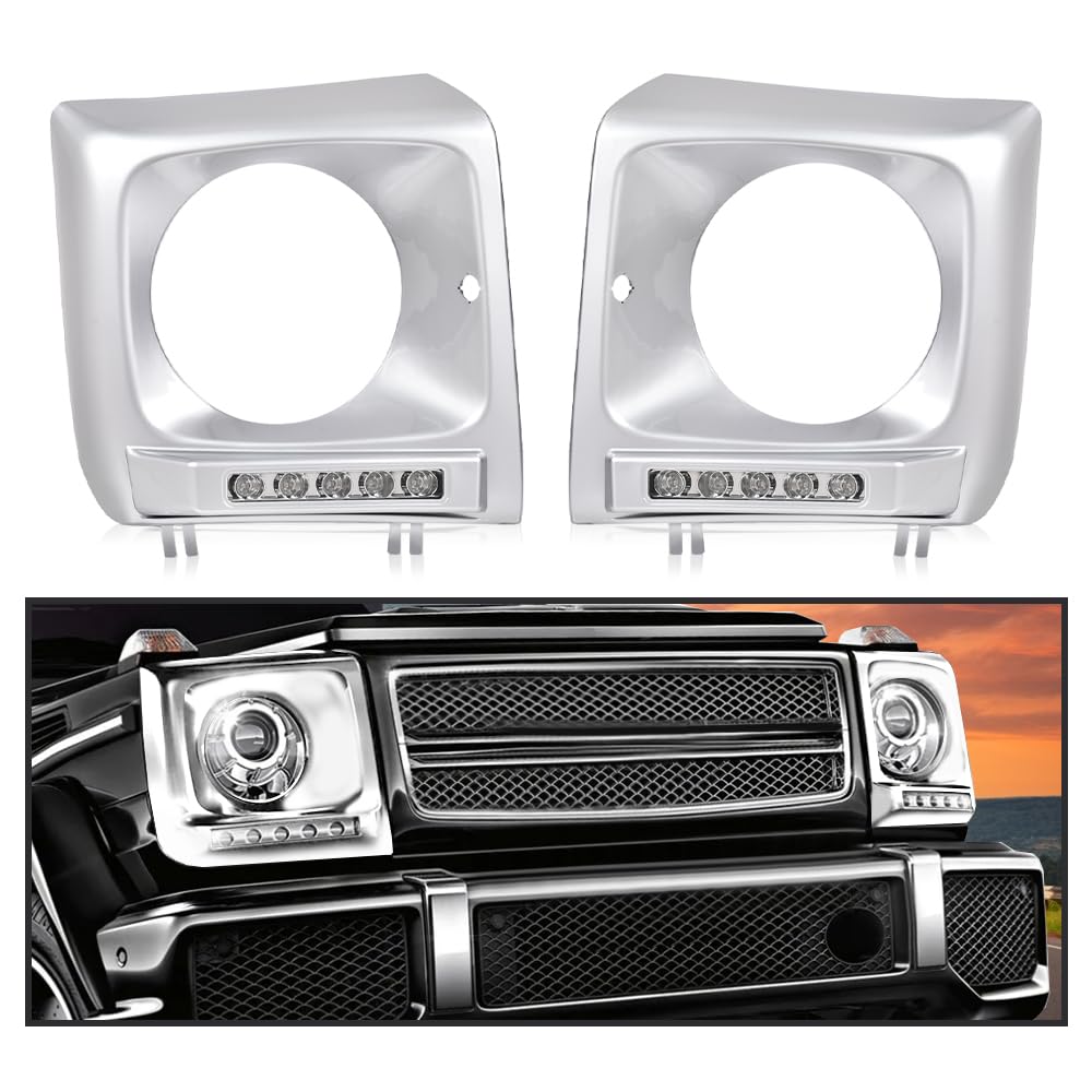 G-PLUS Silver Headlight Bezel with LED DRL Light Strip & Wire harness Compatible with 1990-2018 Mercedes Benz G-class W463 G63 G65 G500 G550 G55 AMG