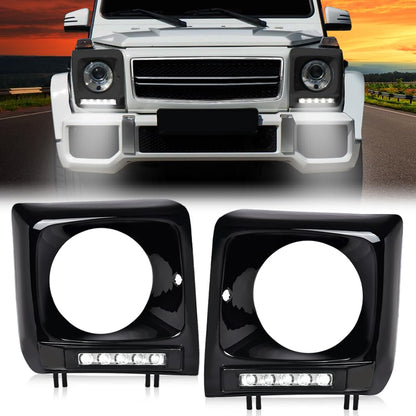 G-PLUS Black Headlight Bezel w/LED DRL Light Strip & Wire harness Compatible with 1990-2018 Mercedes Benz G-class W463 G63 G65 G500 G550 G55 AMG