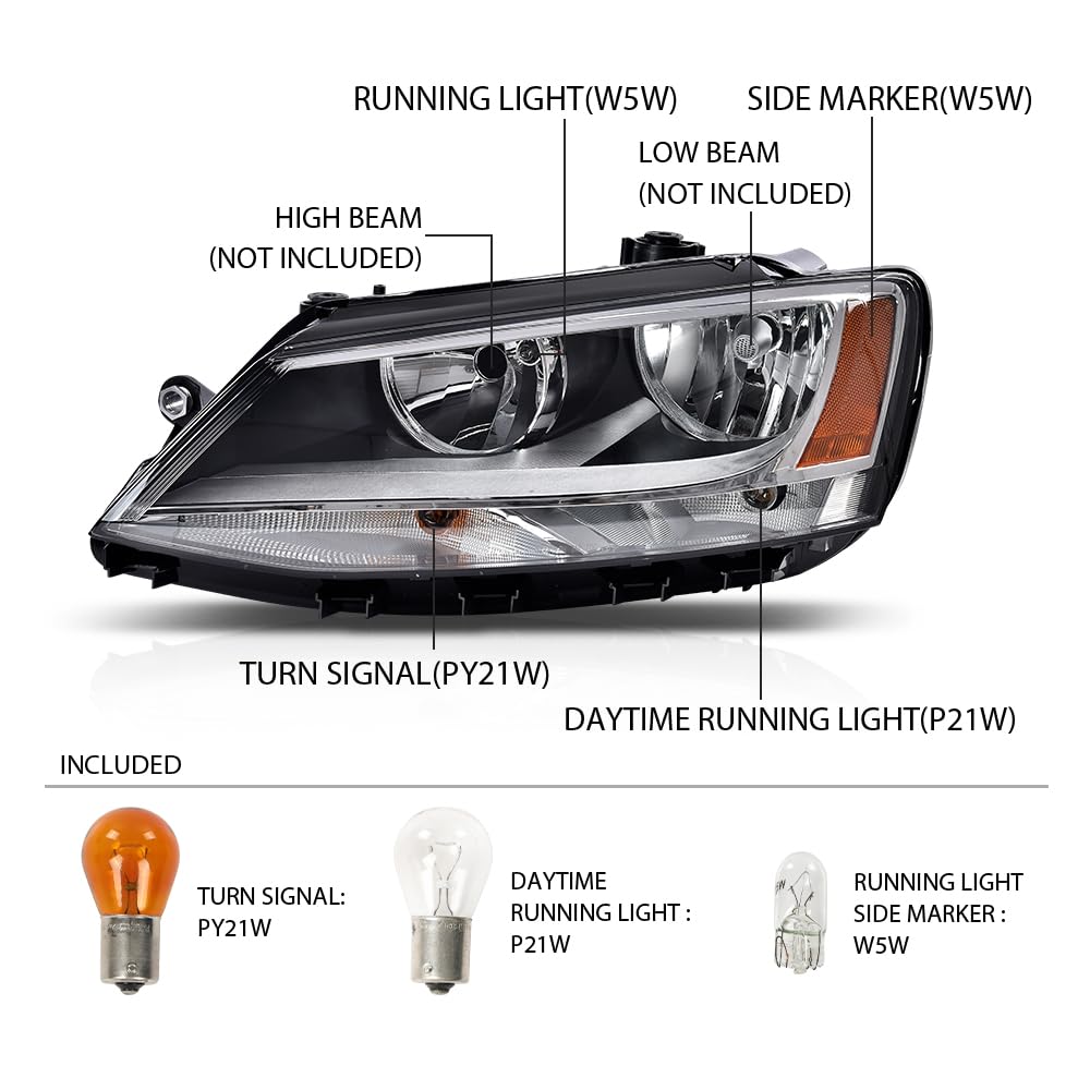 G-PLUS Headlights Headlamps w/Bulbs Left + Right Compatible with Volkswagen Jetta 2011-2018 5C7941005, 5C7941006,Clear Lens Chrome Housing Amber Reflector