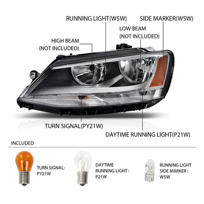 G-PLUS Headlights Headlamps w/Bulbs Left + Right Compatible with Volkswagen Jetta 2011-2018 5C7941005, 5C7941006,Clear Lens Chrome Housing Amber Reflector