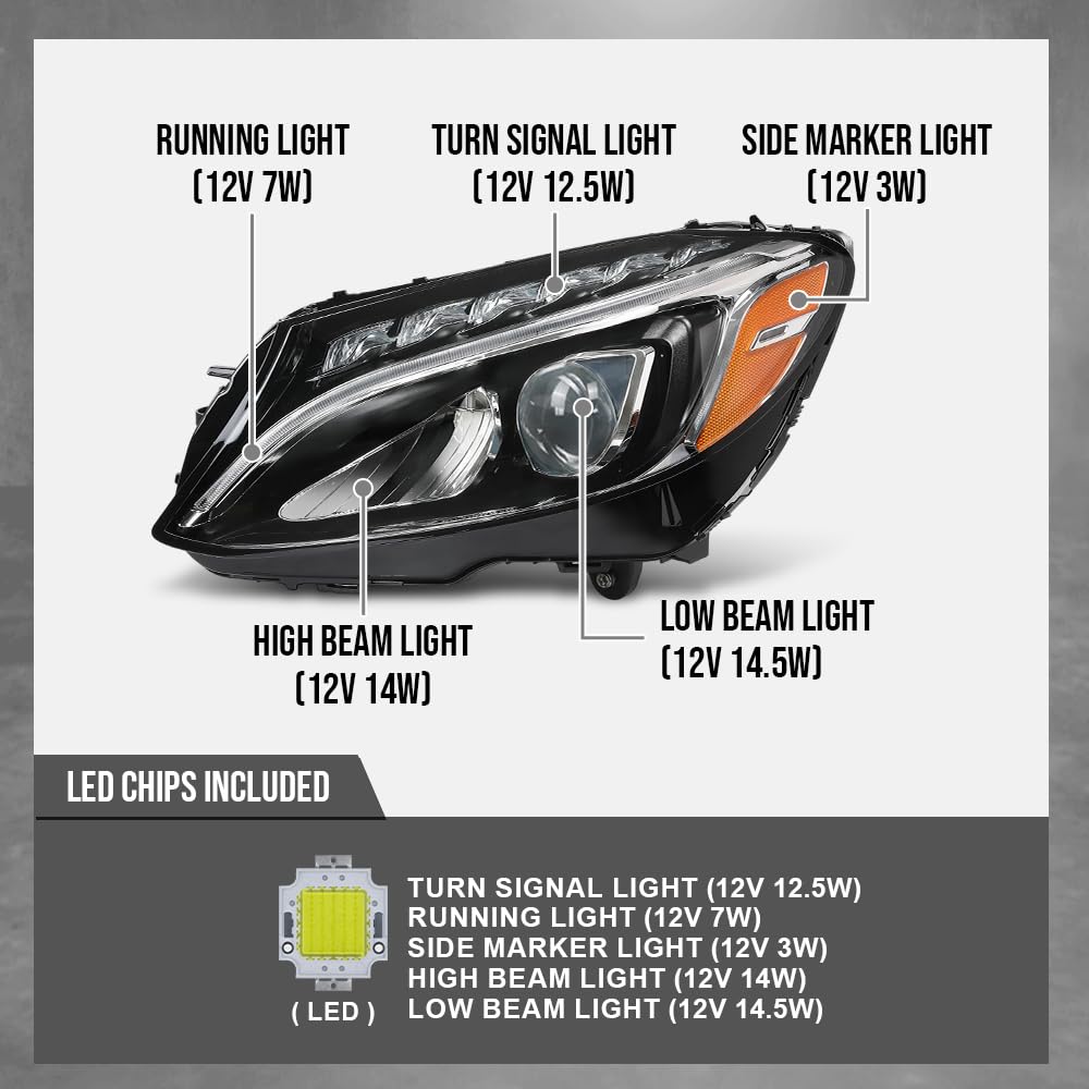 G-PLUS LED Headlight Left Driver Side Compatible with Benz C-Class C300 W205 2015 2016 2017 2018 205906770364, MB2502227 Black
