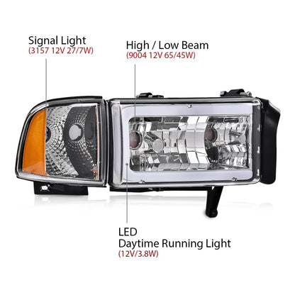 G-PLUS LED Light Strip Headlights w/o Bulbs Fit Dodge Ram 1500 1994-2001/Dodge Ram 2500 3500 1994-2002 Clear Lens Chrome Housing Amber Reflector Bumper Headlamps,faros delanteros Assembly