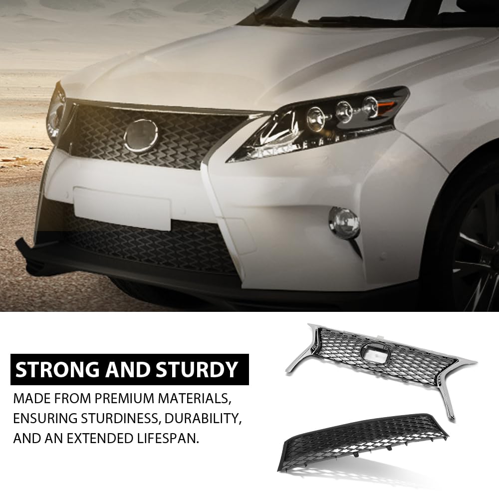 G-PLUS Front Upper Lower Grille 2pc Set Compatible with LX RX350 2013-2015 531120E110, LX1036108, 531010E150, LX1200178 Chrome Black