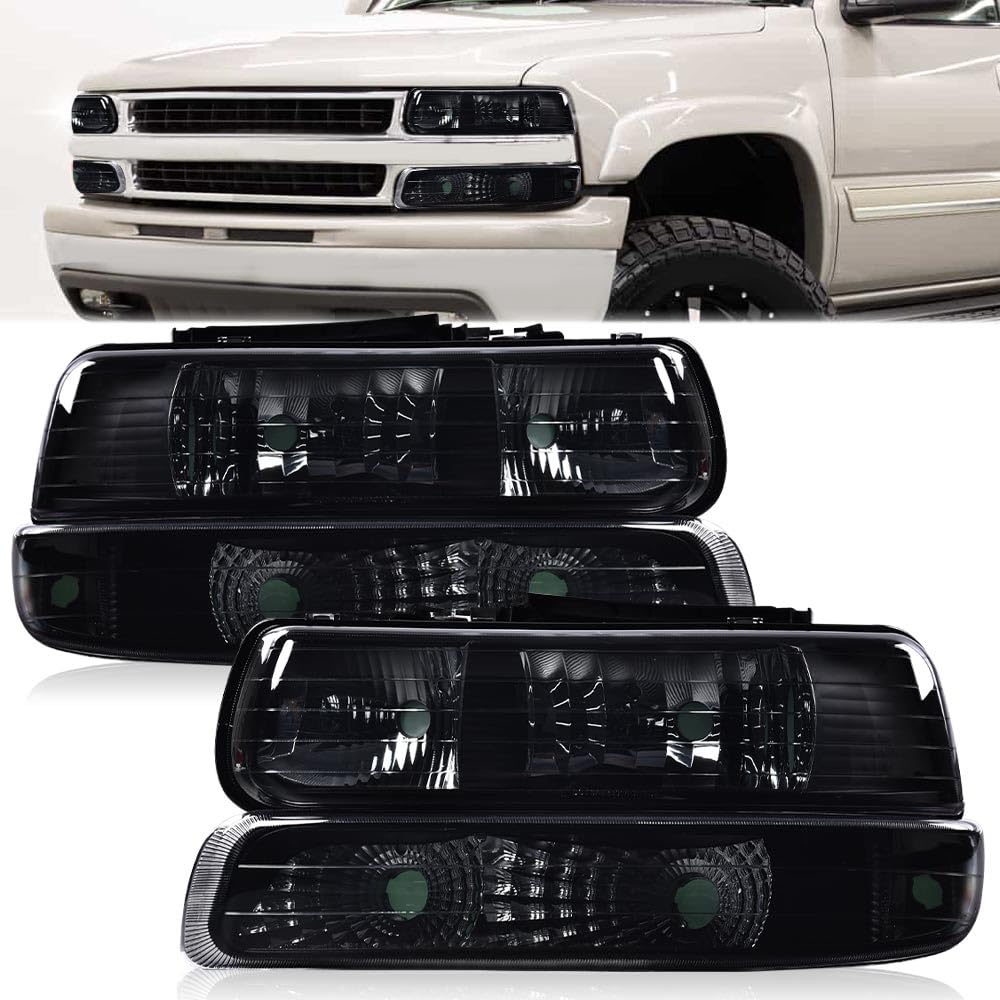 G-PLUS Headlights Assembly Fit Chevy Silverado 1500 2500 & HD 3500 1999-2002/Fit Chevy Suburban/Tahoe 2000-2006 Bumper Headlamps Smoky Lens Black Housing Clear Reflector,faros delanteros