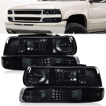 G-PLUS Headlights Assembly Fit Chevy Silverado 1500 2500 & HD 3500 1999-2002/Fit Chevy Suburban/Tahoe 2000-2006 Bumper Headlamps Smoky Lens Black Housing Clear Reflector,faros delanteros