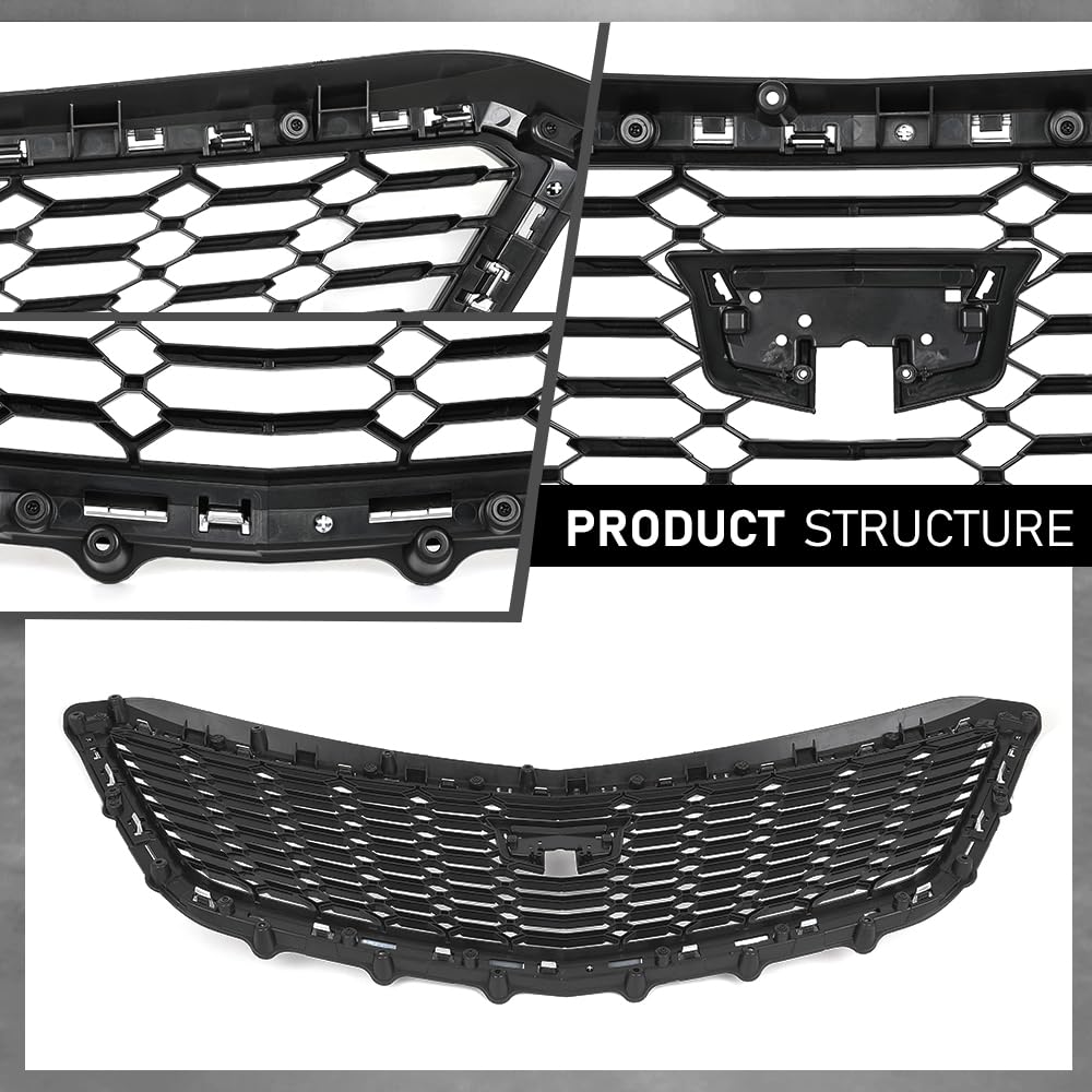 G-PLUS Bumper Grille Grill W/O Camera Front Upper Compatible with Cadillac XT4 2021-2023 84536239, 84658410, 84504262 Chrome Black