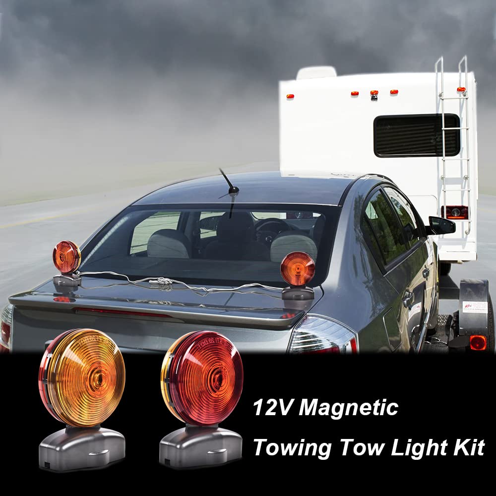G-PLUS Universal 12V Magnetic Towing Light Kit Tail Lights Turn Signal Lamp Kit 20' 55lb Magnetic Strength, Red & Amber